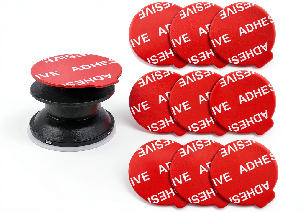 Installing Phone Grip Adhesive Pads AZXYI 9pcs Red Double on a wooden desk